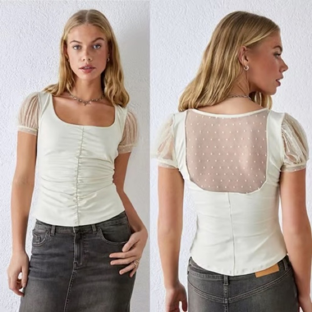 Free People Women's Blush Up Cami Ruched Blouse Top Sheer Puff Sleeve Ivory XS